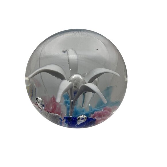 Hand-Blown Art Glass Paperweight With White Lily Flower & Colorful Base - Picture 6 of 8